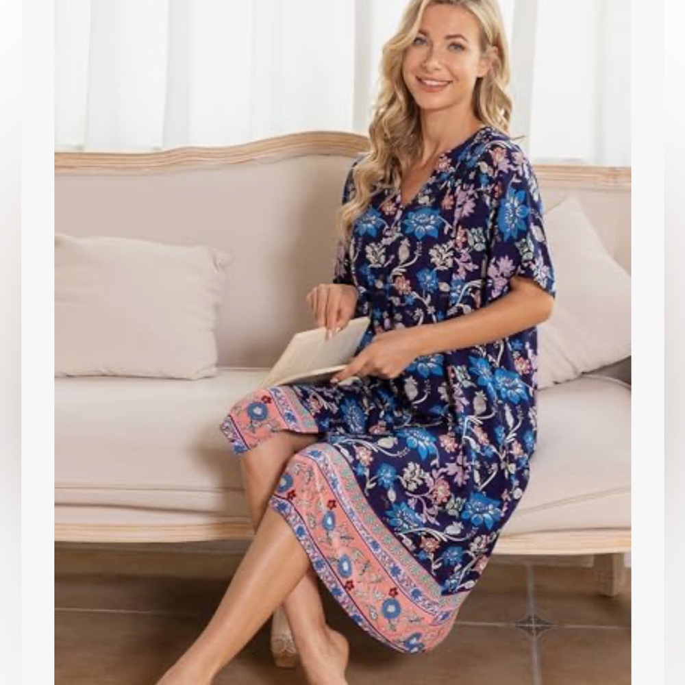 Amazon Women’s XL Multi Blue Floral V-Neck SS Button Up House Midi Dress NWOT - Picture 11 of 16